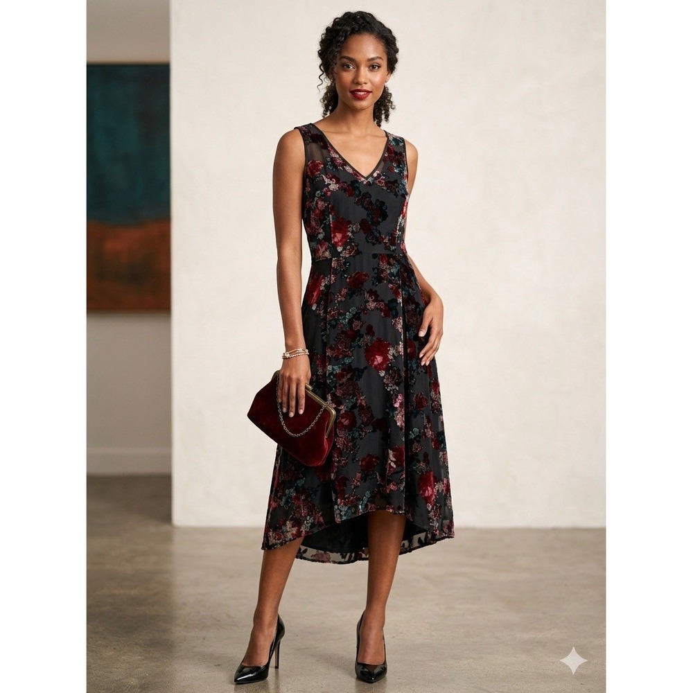 White House Black Market Floral Velvet Hi Low Dress 12 Autumn Wedding Guest